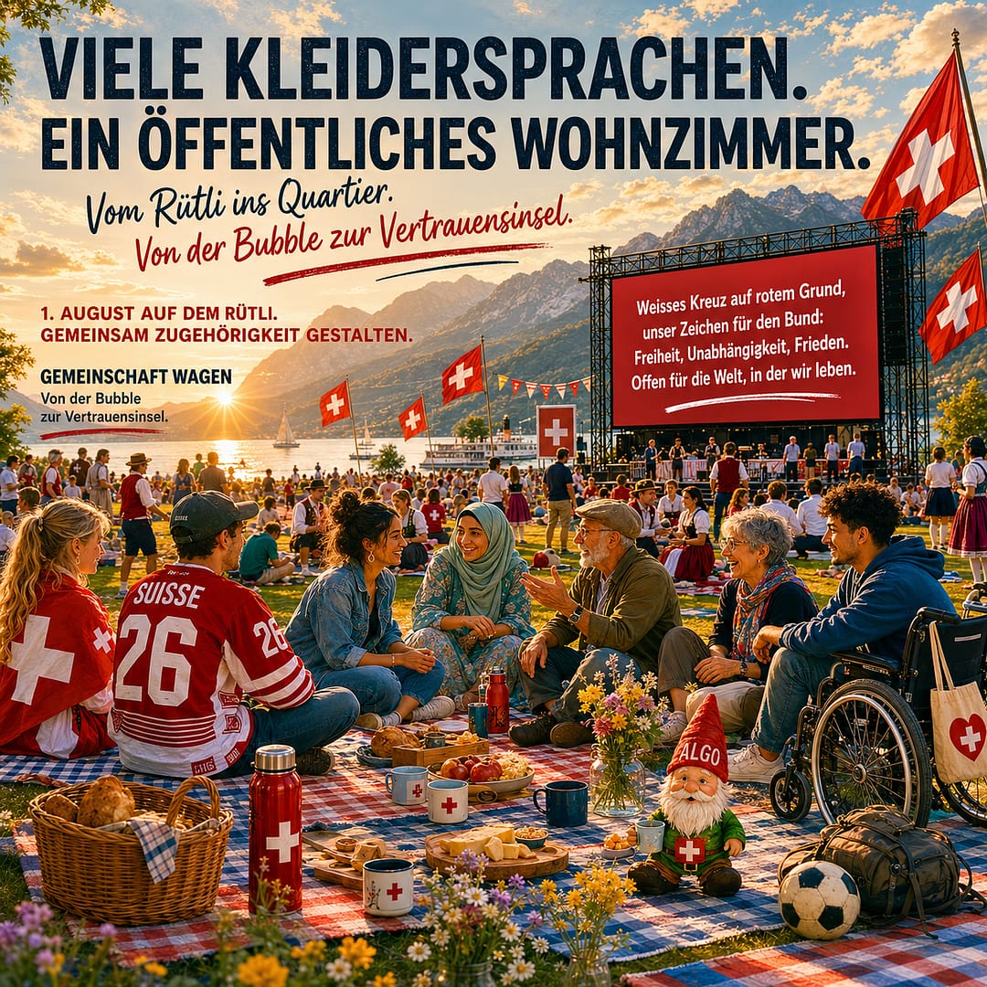 Viel Kleidersprachen. Ein öffentliches Wohnzimmer. 1. Aug. auf dem Rütli